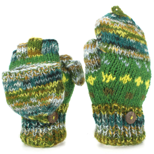 Chunky Wool Knit Fingerless Shooter Gloves - Abstract - 17 Green