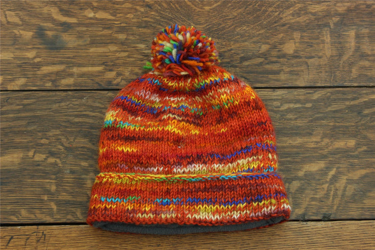 Chunky Wool Knit Beanie Bobble Hat - SD Red Mix