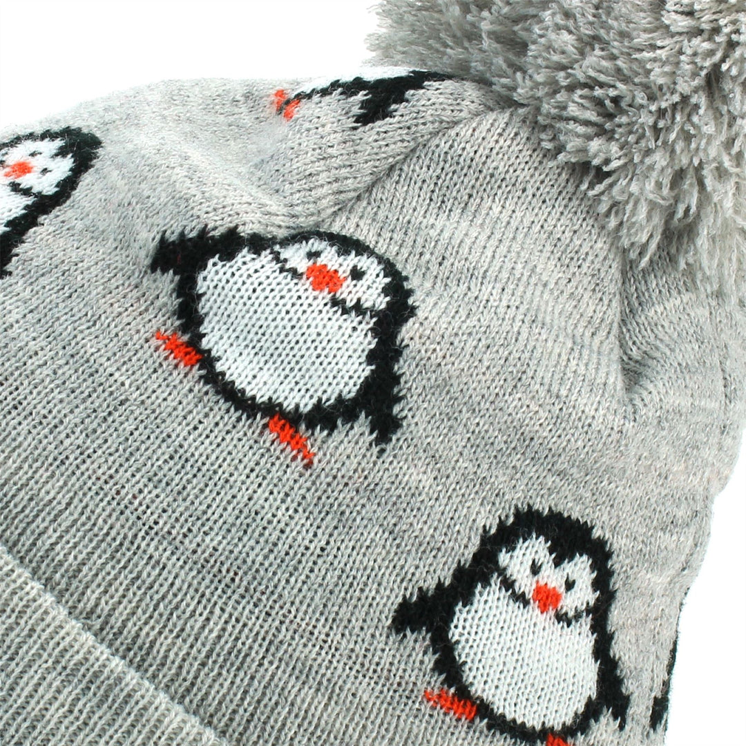 Kids Penguin Bobble Beanie Hat - Grey