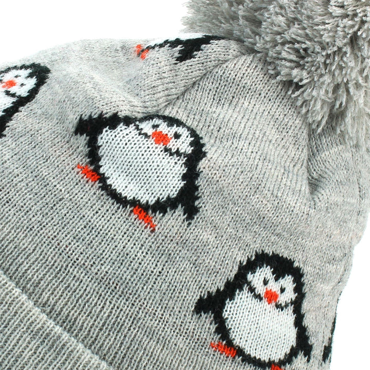 Kids Penguin Bobble Beanie Hat - Grey