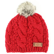 Cable knit beanie hat with faux fur bobble - Red