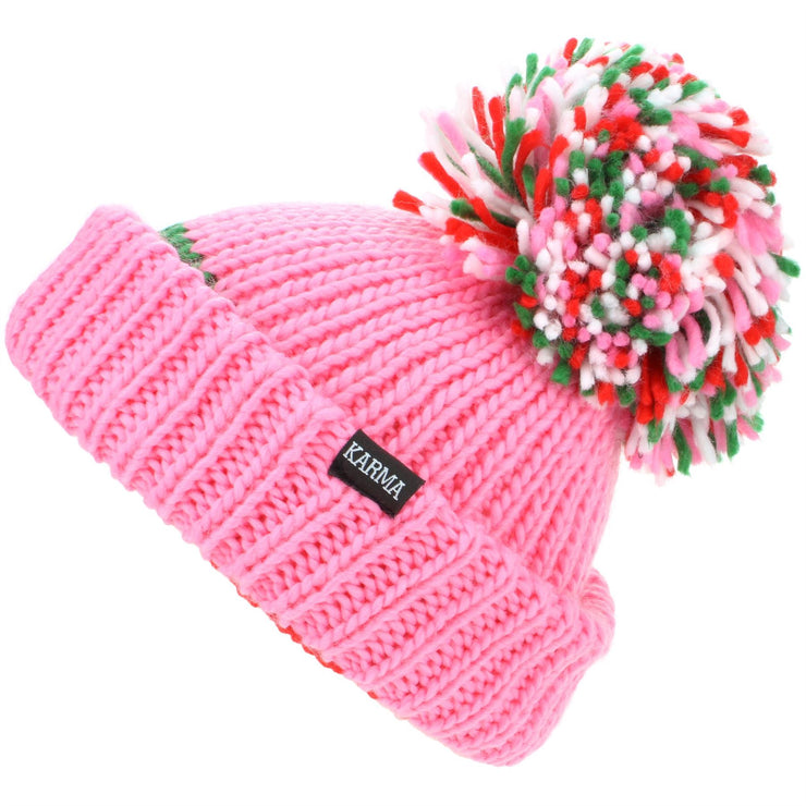 Chunky Acrylic Knit Beanie Hat with a MASSIVE Bobble - Pink