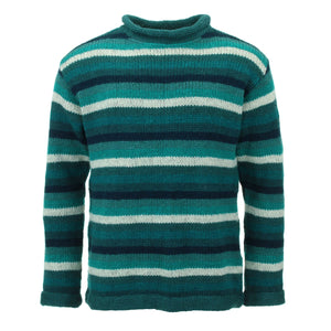 Pull en laine tricoté main - rayure sarcelle