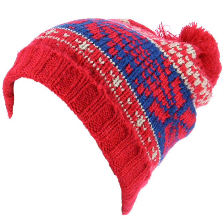 Chunky Knit Slouch Beanie Bobble Hat with Fairisle Pattern - Red