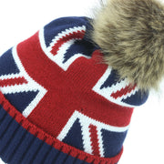 Union Jack Bobble Beanie Hat with Faux Fur Bobble - Brown