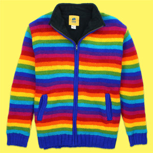 Cardigan veste en laine tricoté à la main - rayure arc-en-ciel lumineux