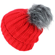 Chunky Beanie Hat with Faux Fur Pom and Super Soft Fleece Lining - Red