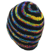 Wool Knit Beanie Hat - Stripe Black Rainbow SD