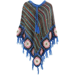 Granny Squares Crochet Poncho Long - Black Multi/Blue