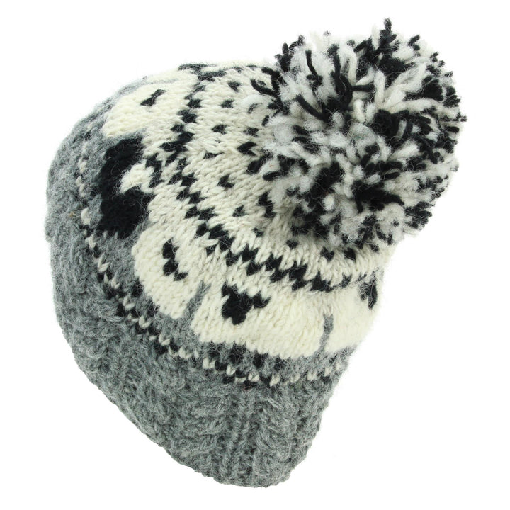 Wool Knit Bobble Beanie Hat - Sheep - Grey Cable Knit