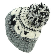 Wool Knit Bobble Beanie Hat - Sheep - Grey Cable Knit