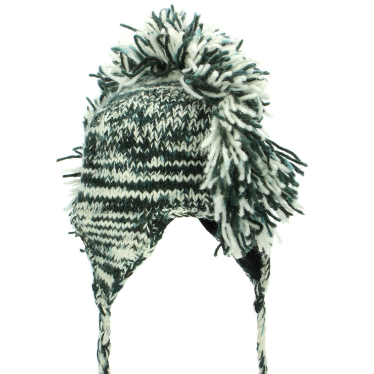 Wool Knit 'Punk' Mohawk Earflap Beanie Hat - Black White Space Dye