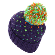 Hand Knitted Wool Beanie Bobble Hat - Tik Tik Purple