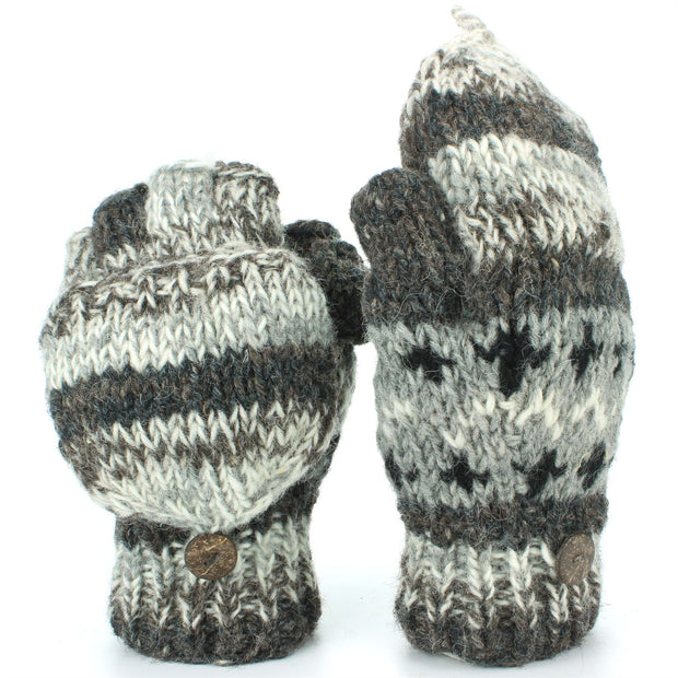 Chunky Wool Knit Fingerless Shooter Gloves - Abstract - 17 Grey