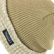 Fine Knit Beanie Hat with Thermal Lining and Marl Turn-up - Light Brown