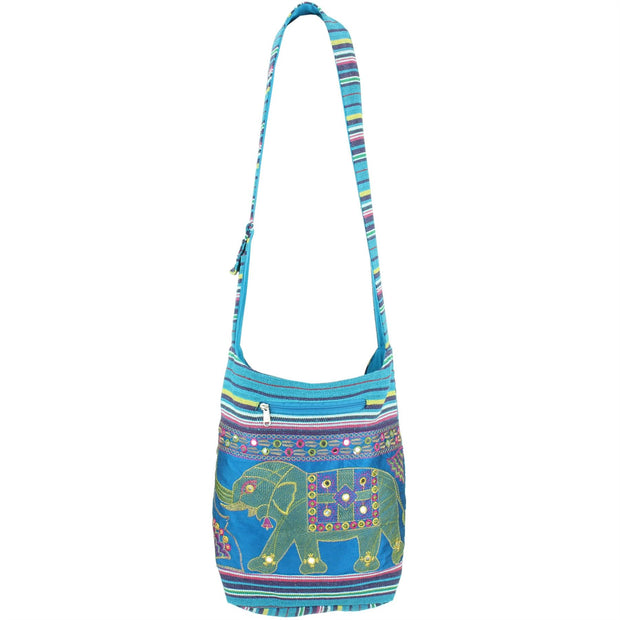 Embroidered Elephant Canvas Sling Shoulder Bag - Light Blue