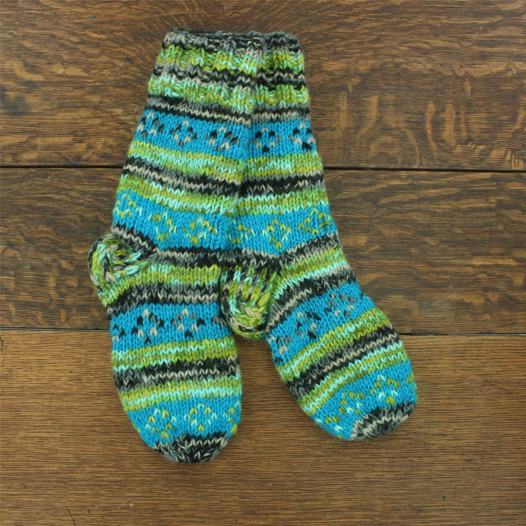 Hand Knitted Wool Slipper Socks Lined - Diamond Blue Green