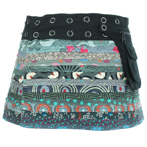 Reversible Popper Wrap Children's Size Mini Skirt - Grey Patch Strips / Spiral Garden