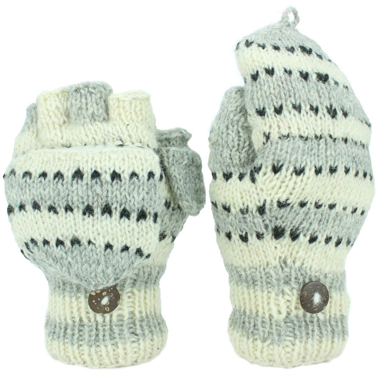 Chunky Wool Knit Fingerless Shooter Gloves - Stripe - Grey & White