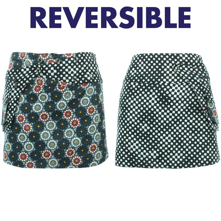 Reversible Popper Wrap Mini Skirt - Kaleidoscope / Mono Dots