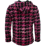 Wool Knit Hooded Cardigan Jacket - Pink Houndstooth