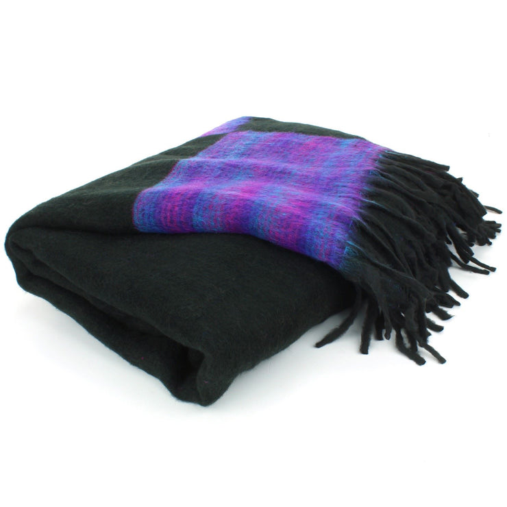 Tibetan Wool Blend Shawl Blanket - Black with Purple Reverse