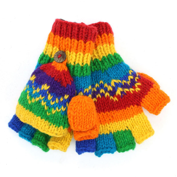 Hand Knitted Wool Shooter Gloves - Stripe Rainbow Zig Zag