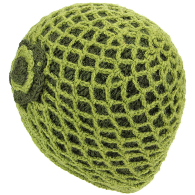 Ladies Wool Knit Crochet Lattice Beanie Hat with Flower - Green