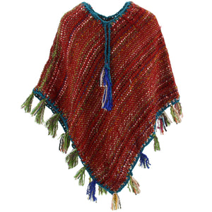 Stripe Crochet Poncho Long - Red