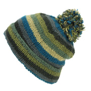 Chunky Wool Knit Beanie Bobble Hat - Stripe Green Blue