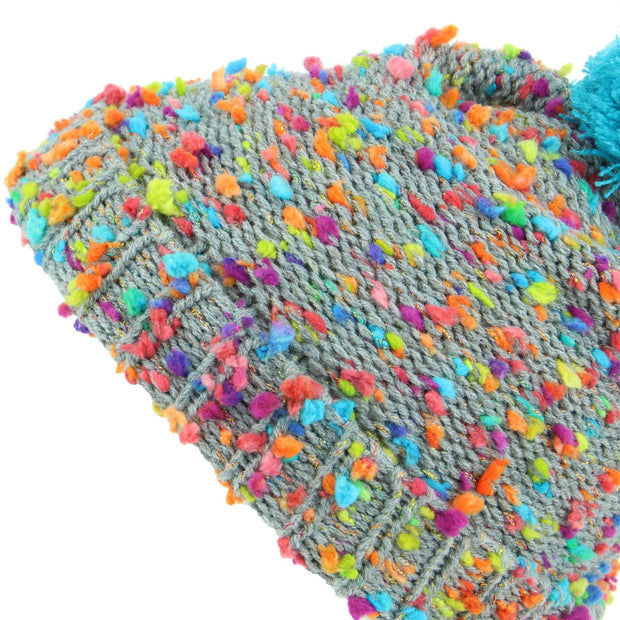 Children's Grey Beanie Bobble Hat with Rainbow Fleck - Blue Bobble