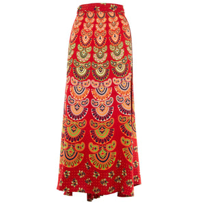 Long Maxi Wrap Skirt with Block Print Mandala - Red & Lime Green