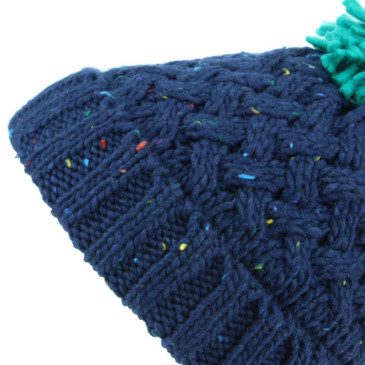 Children's Chunky Lattice Knit Navy Fleck Bobble Beanie Hat with Fleece Lining - Green Bobble