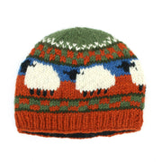 Hand Knitted Wool Beanie Hat - Orange Green