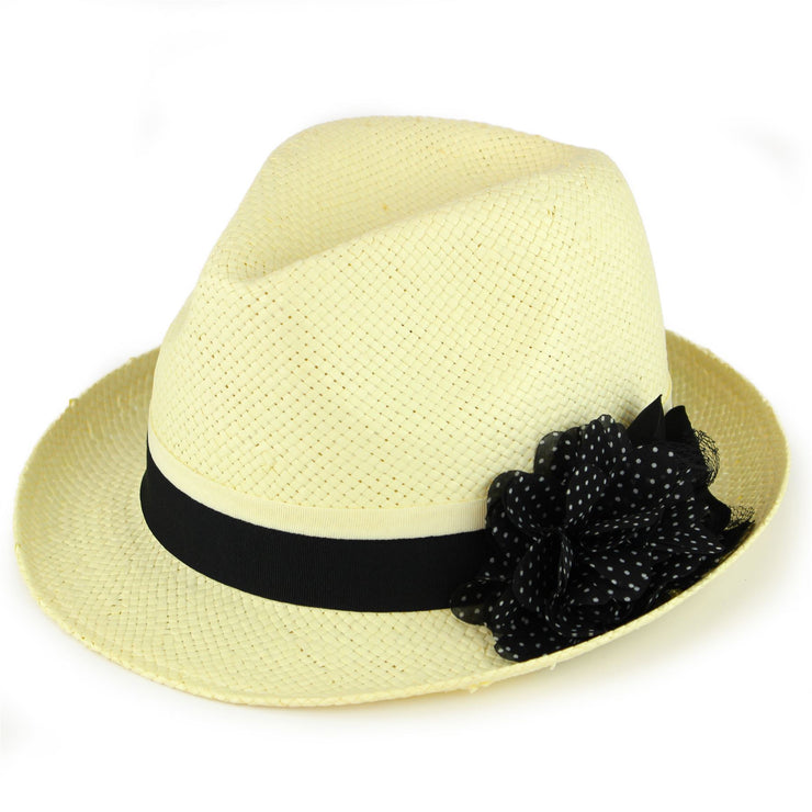 Straw paper trilby hat with a polka dot flower corsage - Black