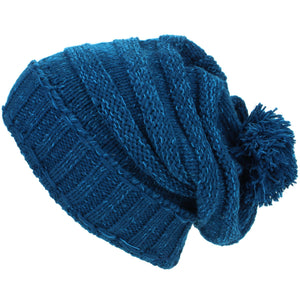 Bonnet à pompon en tricot acrylique baggy beanie - bleu