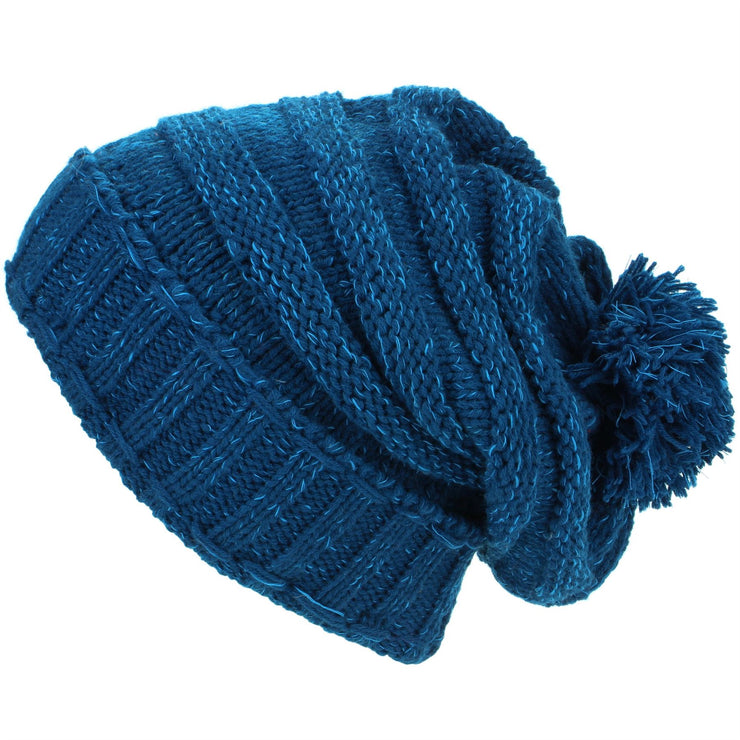 Acrylic Knit Baggy Beanie Bobble Hat - Blue