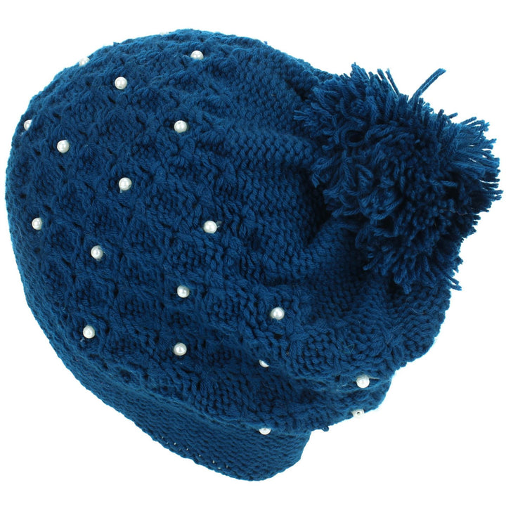 Pearl Lattice Bobble Beanie Hat - Blue
