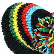 Chunky Acrylic Knit Beanie Hat with a MASSIVE Bobble - Black & Rainbow