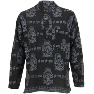Langärmliges nepalesisches Kurta-Opa-Hemd mit „Ganesh“-Aufdruck – Schwarz