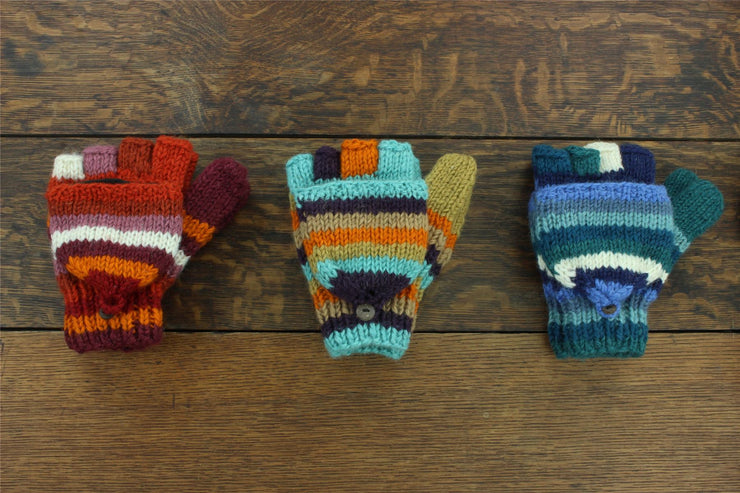 Hand Knitted Wool Shooter Gloves - Stripe Retro A