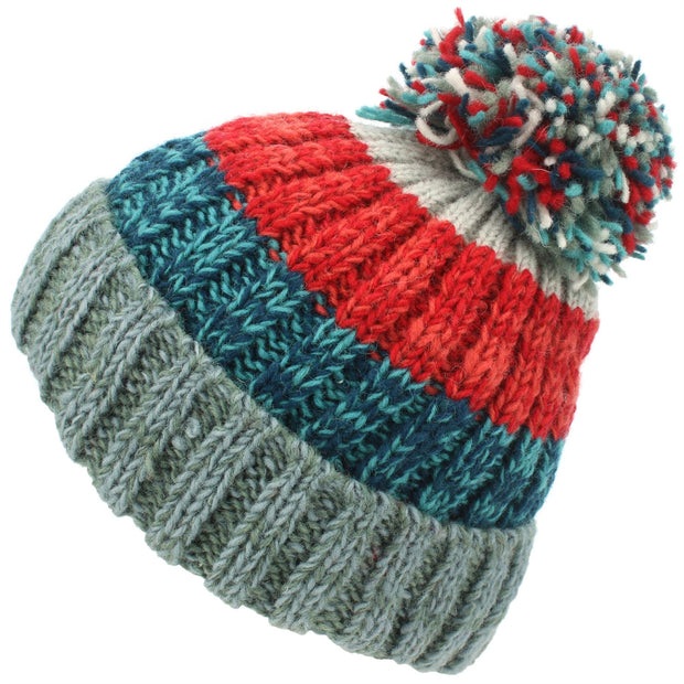 Wool Knit Bobble Beanie Hat - Red Blue