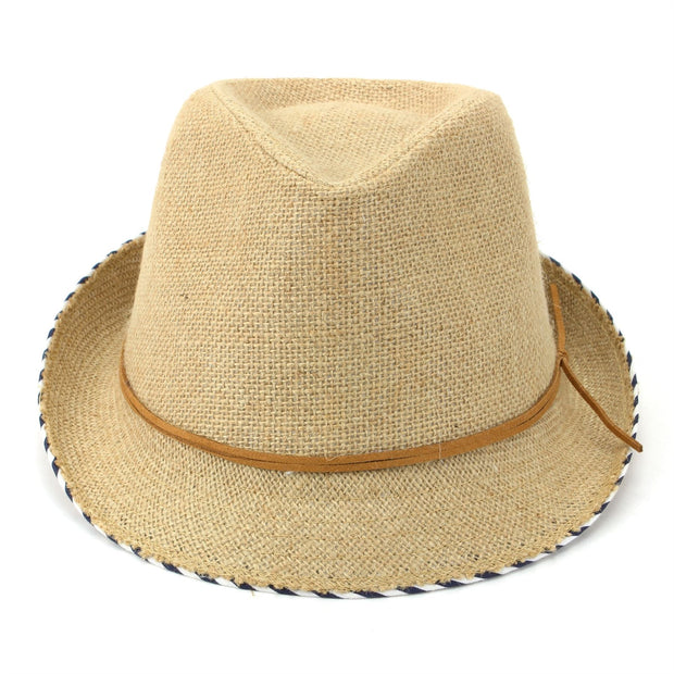 Hessian Cotton Trilby Fedora Hat with Leather Band - Brown