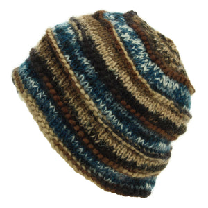 Bonnet en laine tricoté main - 17 marron bleu