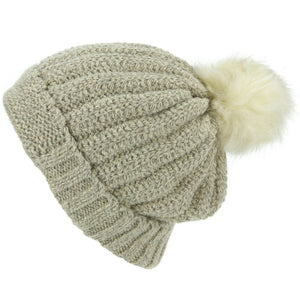 Chunky Knit Beanie Hat med tykt fleecefor og imiteret Fur Bobble - Beige