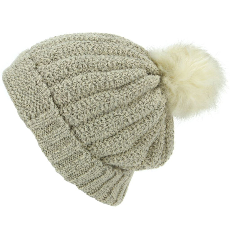 Chunky Knit Beanie Hat with Thick Fleece Lining and Faux Fur Bobble - Beige