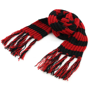 Echarpe en laine tricotée main - rayure rouge noir