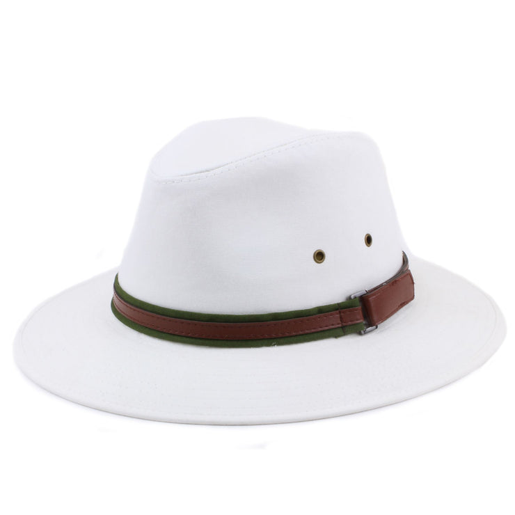Cotton fedora hat with faux leather band - White