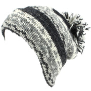 Chunky Wool Knit Baggy Slouch Beanie Bobble Hat - Grey