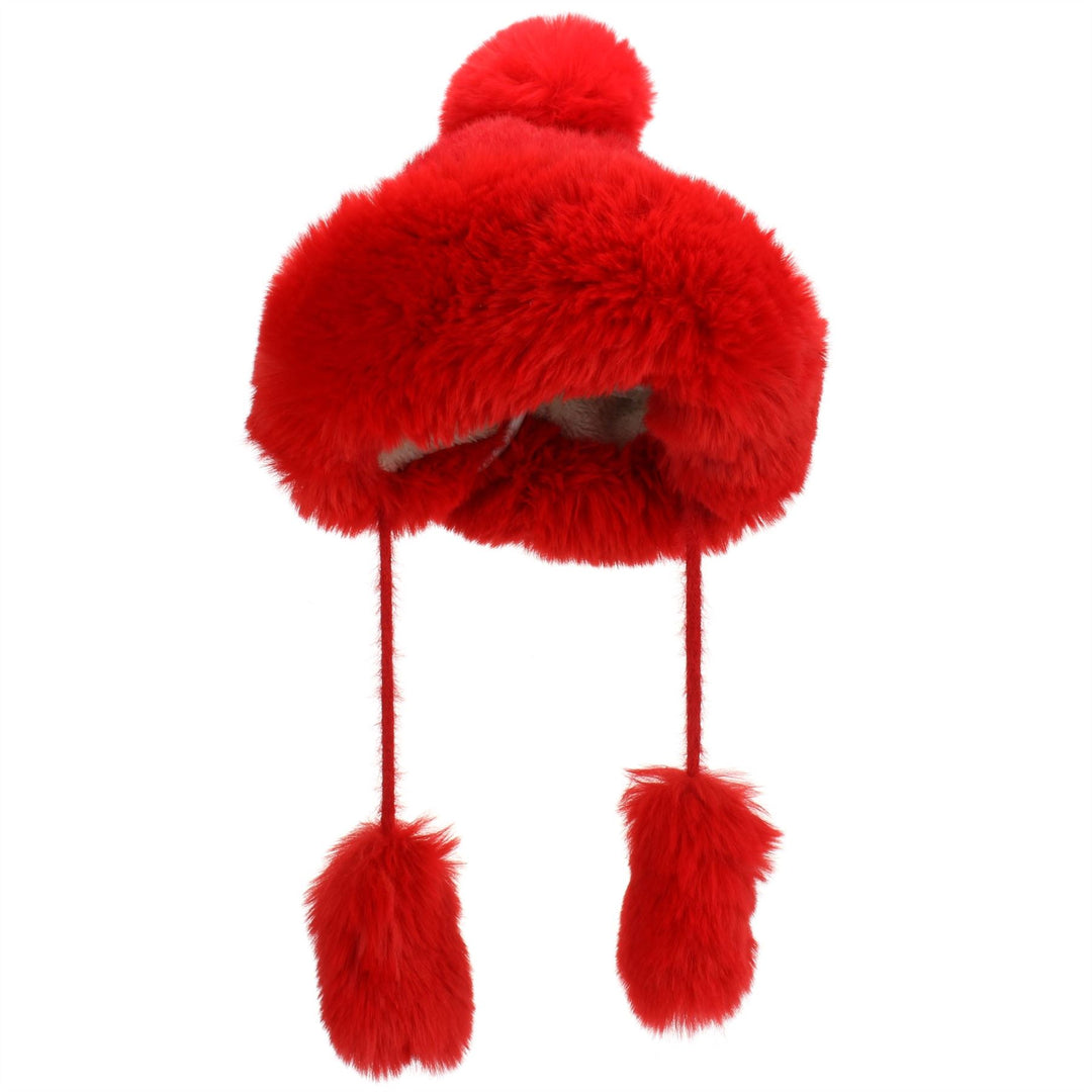 Macahel Soft Fur Bobble Hat with Tassels - Red